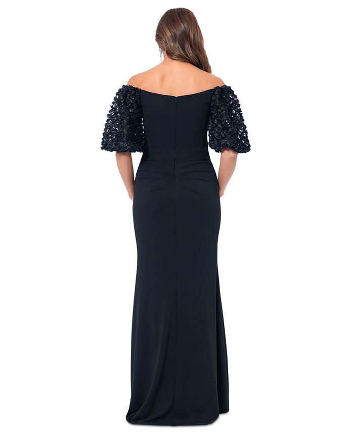 Off Shoulder Gown with Pleated Bodice and 3D Floral Accents