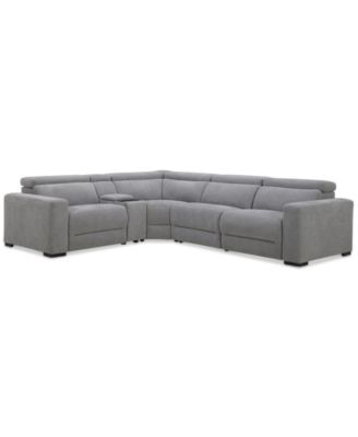 Nevio 5-Pc. Fabric Power Headrest L-Shape Sectional and Console with 3 Power Motion Chairs