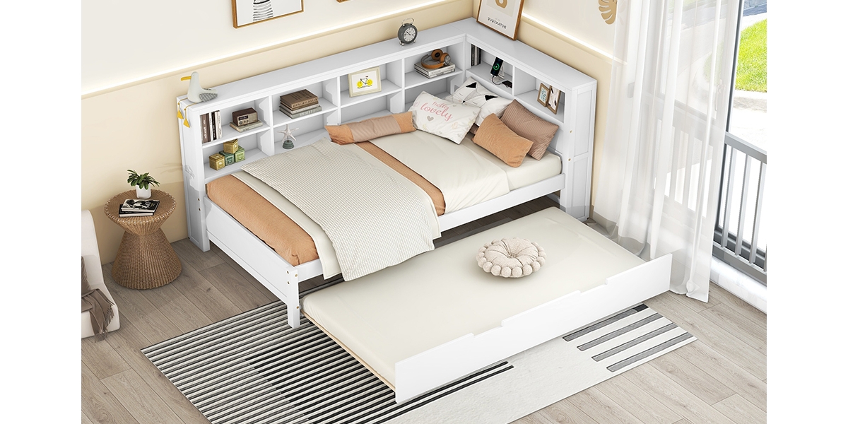 Simplie Fun Wooden Twin Size Daybed With Twin Trundle, Daybed With Storage Shelf And Usb Charging Ports