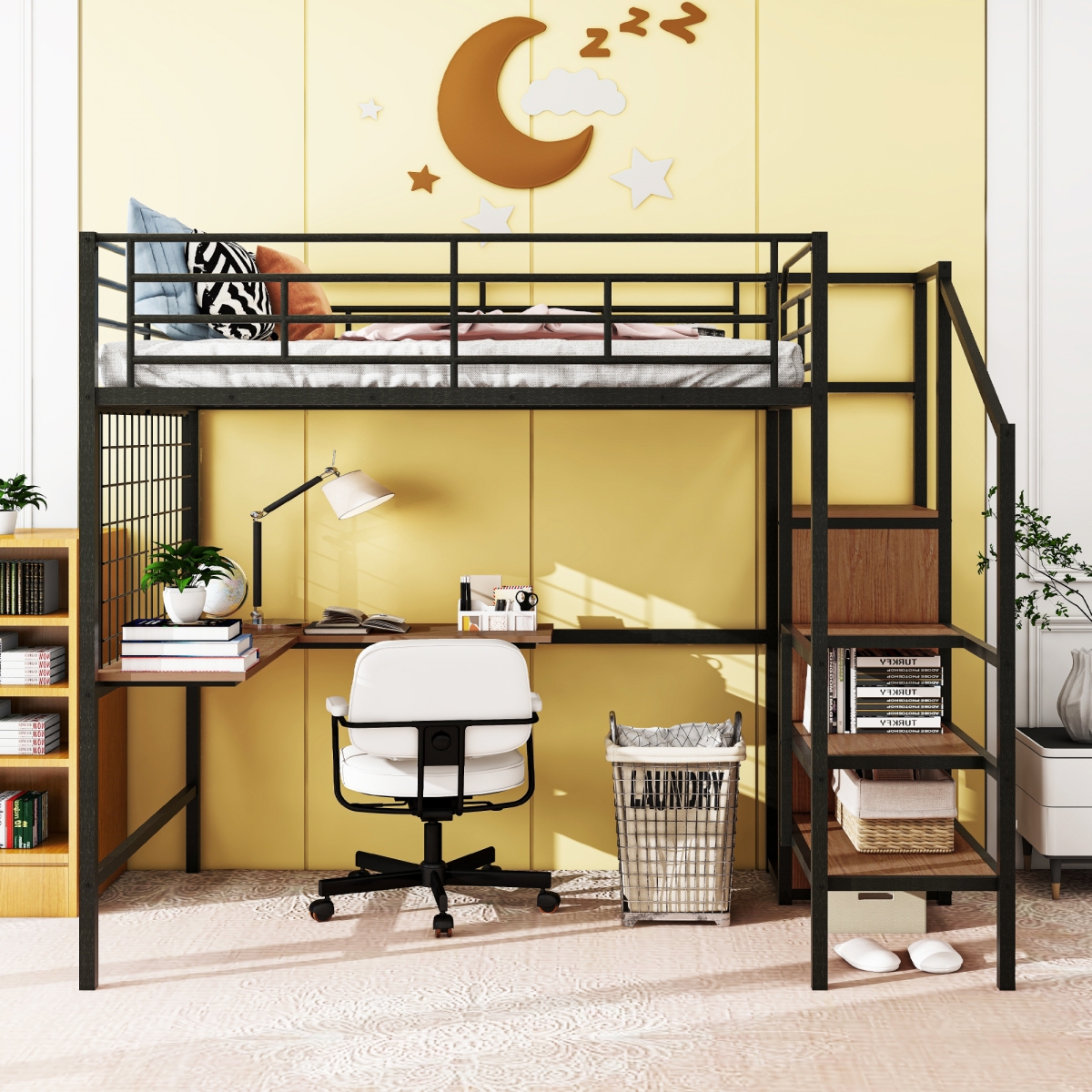 Simplie Fun Metal Loft Bed with Desk, Ladder and Wardrobe, White