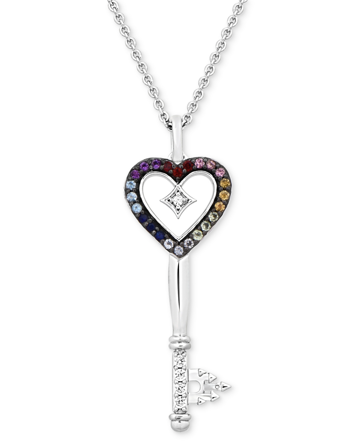 Multi-Gemstone (1/4 ct. t.w.) & Diamond (1/10 ct. t.w.) Princess Key Pendant Necklace in Sterling Silver, 16" + 2" extender - Sterling Silver