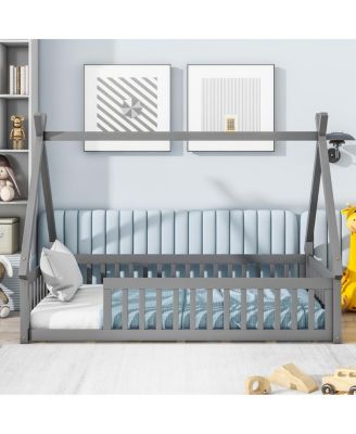 Twin Tent-Shaped Floor Bed, Teepee Bed With Guardrails, Slats, Grey