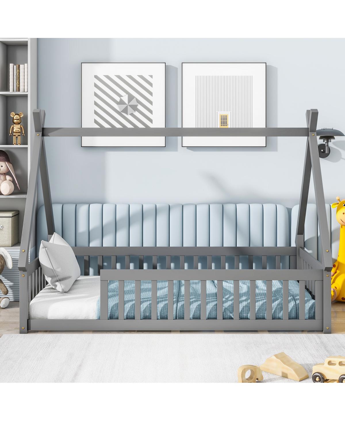 Simplie Fun Twin Tent-Shaped Floor Bed, Teepee Bed With Guardrails, Slats, Grey