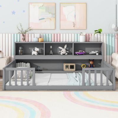Twin Floor Bed With Bedside Bookcase, Shelves, Guardrails, Grey