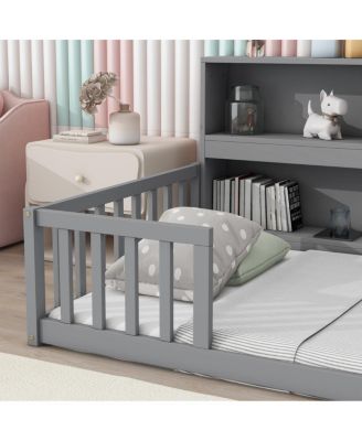 Twin Floor Bed With Bedside Bookcase, Shelves, Guardrails, Grey