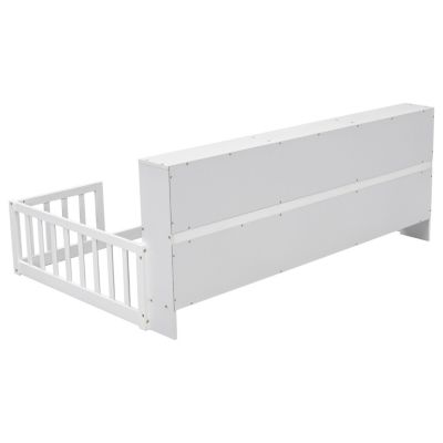 Twin Floor Bed With Bedside Bookcase, Shelves, Guardrails