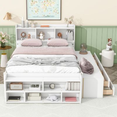 Streamdale White Full Bed with Headboard Bookcase, Drawers & End Storage