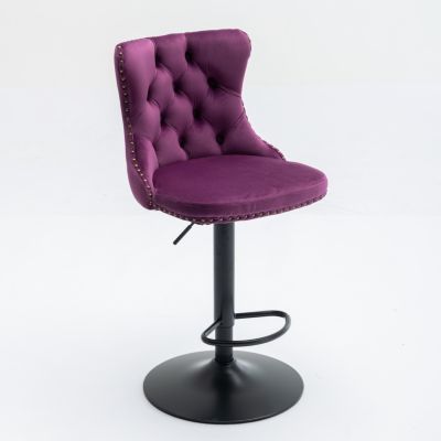 Swivel Velvet Barstools, Adjustable Height, Purple (Set of 2