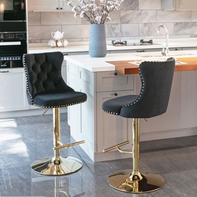 Set of 2 Adjustable Velvet Bar Stools