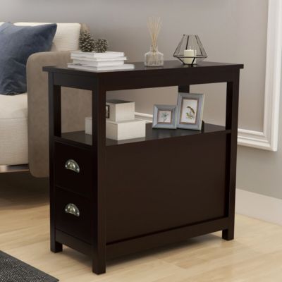 Streamdale End Table Narrow Nightstand With Two Drawers And Open Shelf-Brown