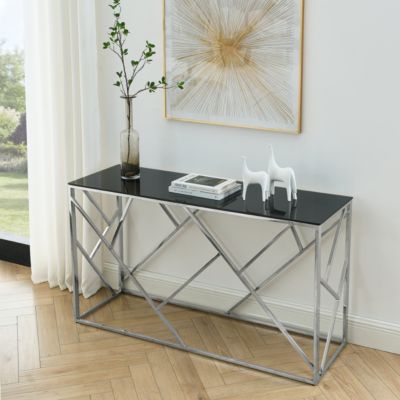 55" Gold Glass Console Table, Sturdy Metal Frame