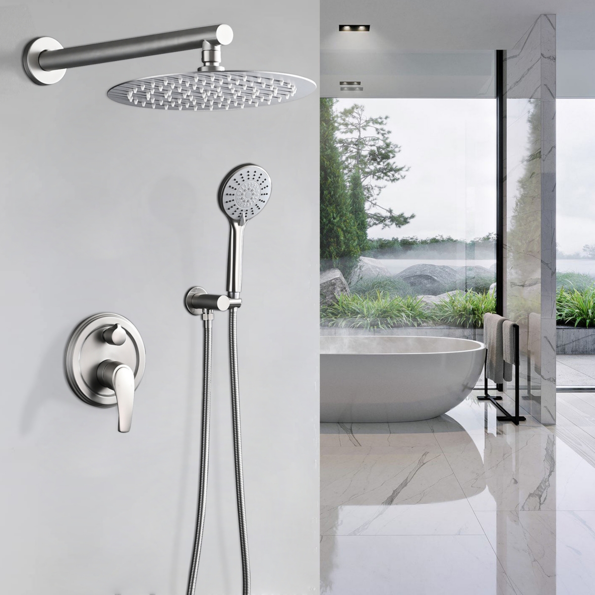 High Pressure Wall Mounted Shower With 5-Function Handheld Shower Head - Silver