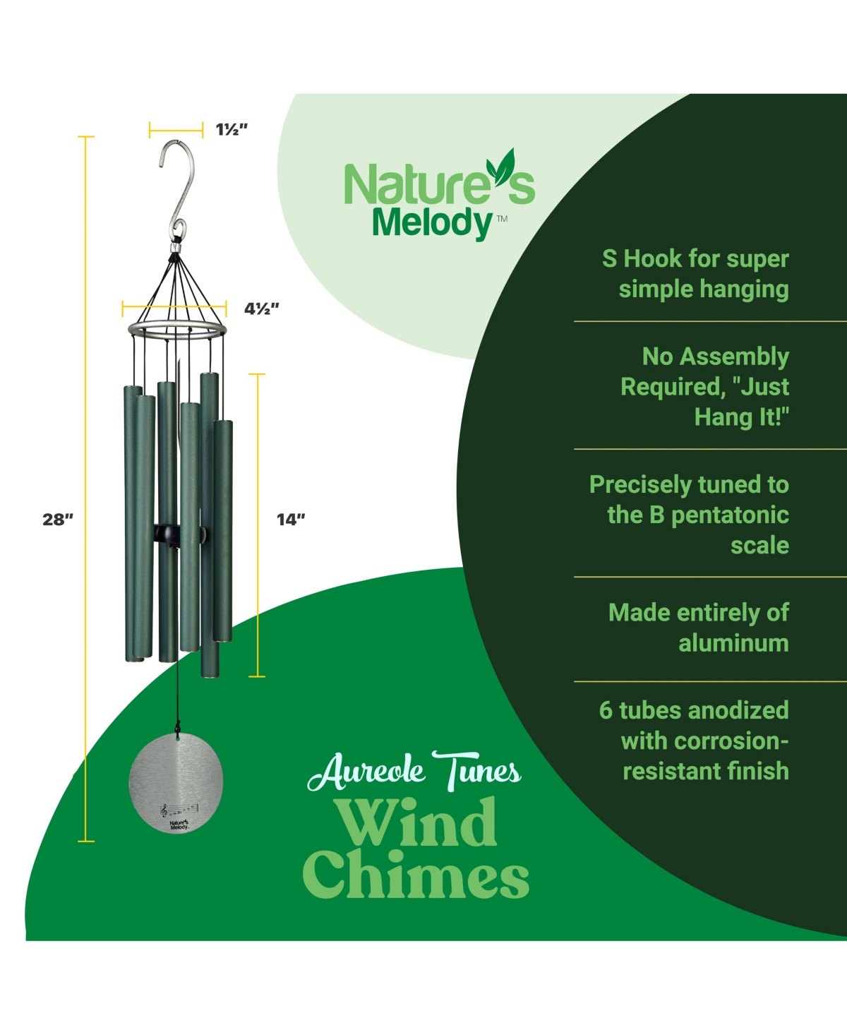 Nature's Melody Aureole Tunes Wind Chimes - 6-Tube Outdoor Windchime, B Pentatonic Scale - Inch