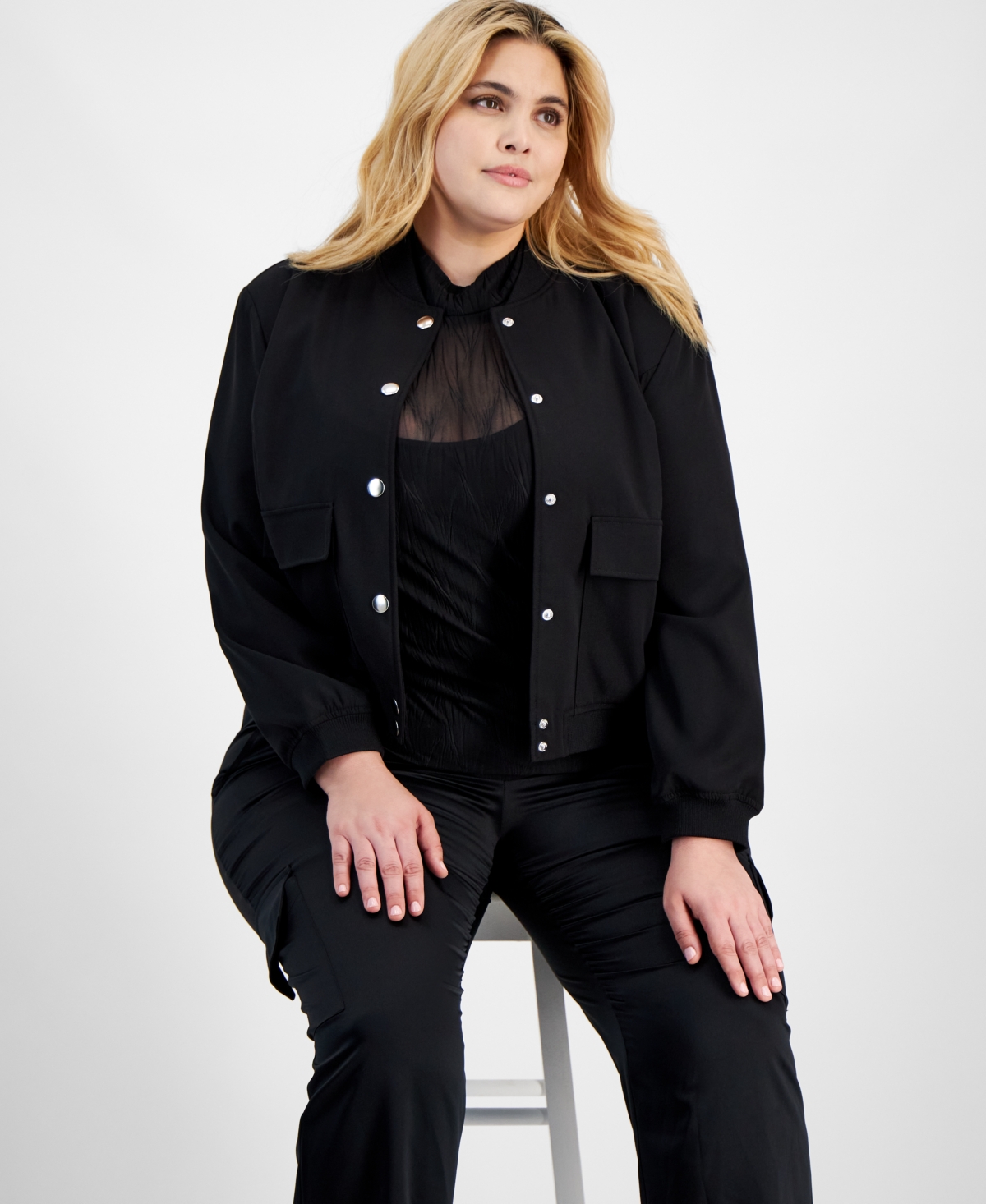 Bar Iii Trendy Plus Size Snap-Front Bomber Jacket, Created for Macy's