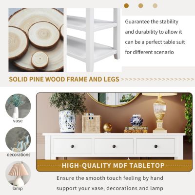 Pine Frame Console Table with Open Shelves, Retro Design