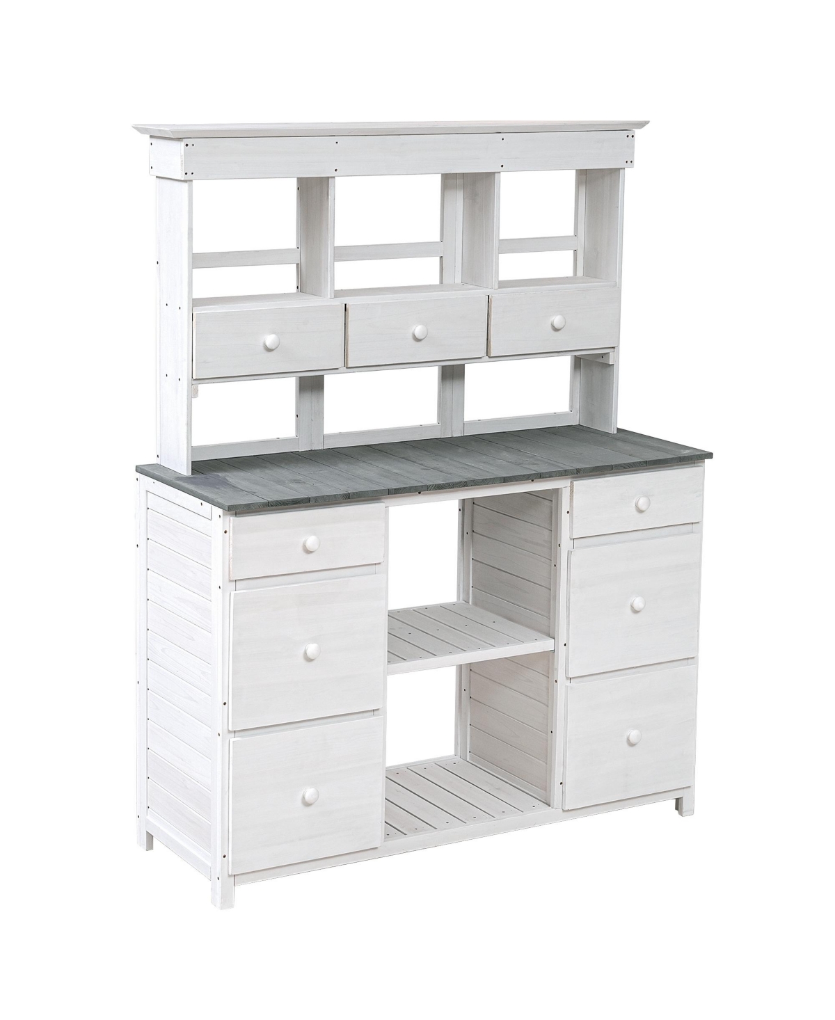 Garden Potting Bench Table, Rustic And Sleek Design With Multiple Drawers And Shelves For Storage - White