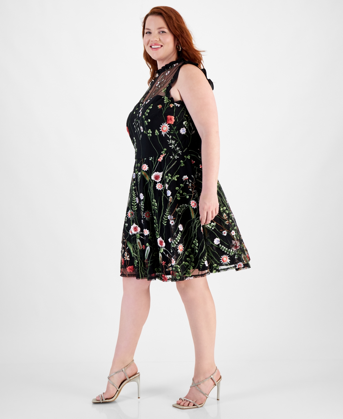 City Studios Trendy Plus Size Mock-Neck Floral-Embroidered Mesh Dress -grn/pn