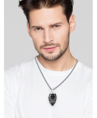 Men's Black Panther Black Enamel and Stainless Steel Pendant Necklace, 22'' Box Chain
