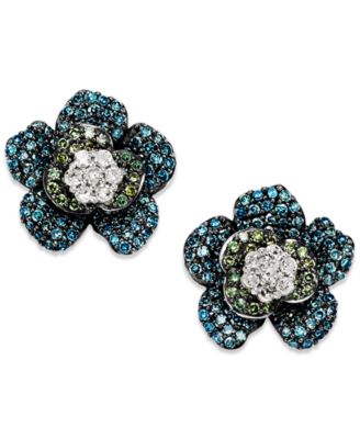 Wrapped in Love - Blue and Green Diamond (1 ct. t.w.) Flower Earrings in 14K White Gold