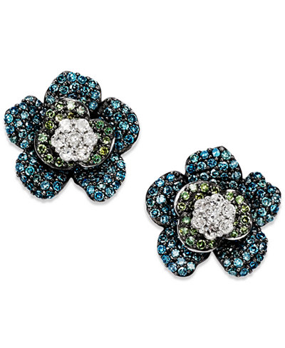 Wrapped in Love Blue and Green Diamond (1 ct. t.w.) Flower Stud Earrings in 14K White Gold