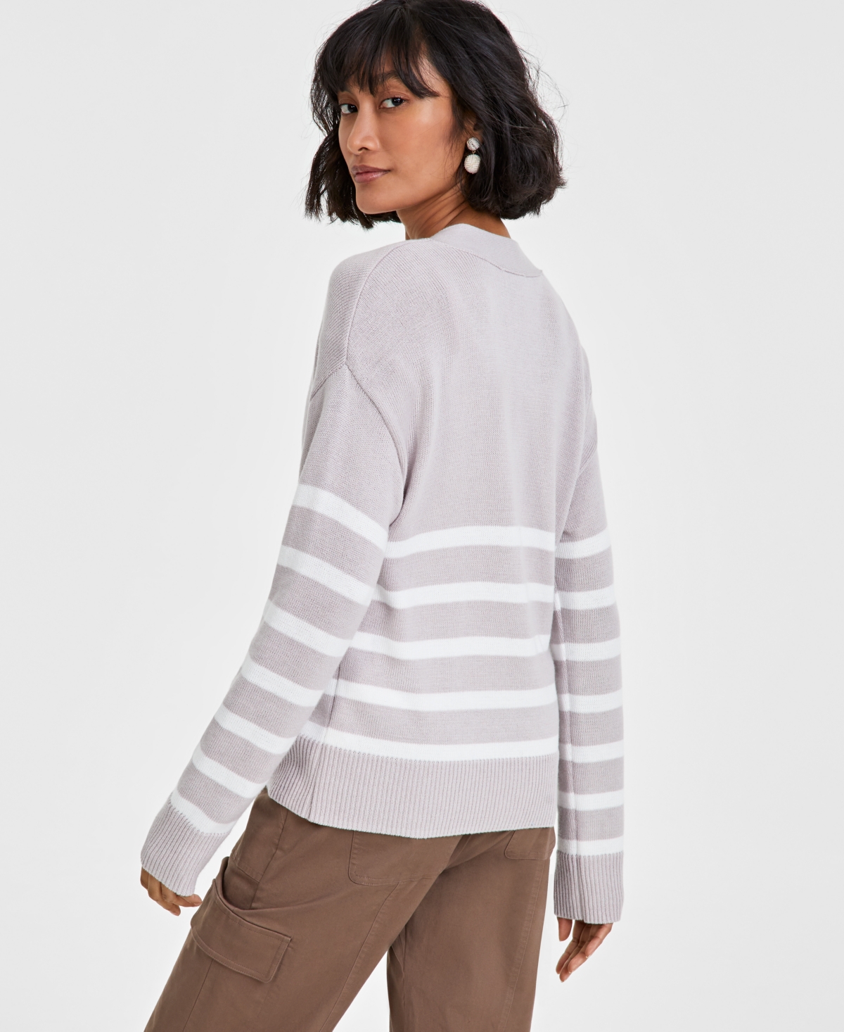 On 34th Women's V-neck Striped Cardigan, Created For Macy's In Intrepid Blue Combo