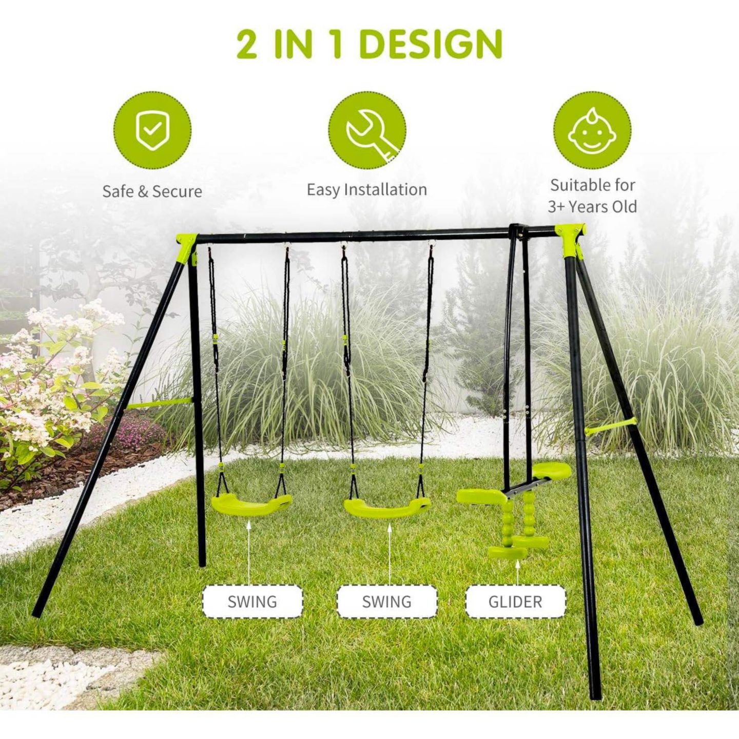 Детские игрушки Streamdale Furniture Streamdale Triple Children Swing Set 440Lbs For Outdoors, цвет: Зелёный — фото 1