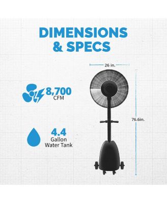 26" Pedestal Misting Fan with 8700 CFM of Power, Adjustable Mist Settings, Water Tank and 3 Fan Speeds, Perfect for the Patio, Back Yard, or Outdoor Dining Space