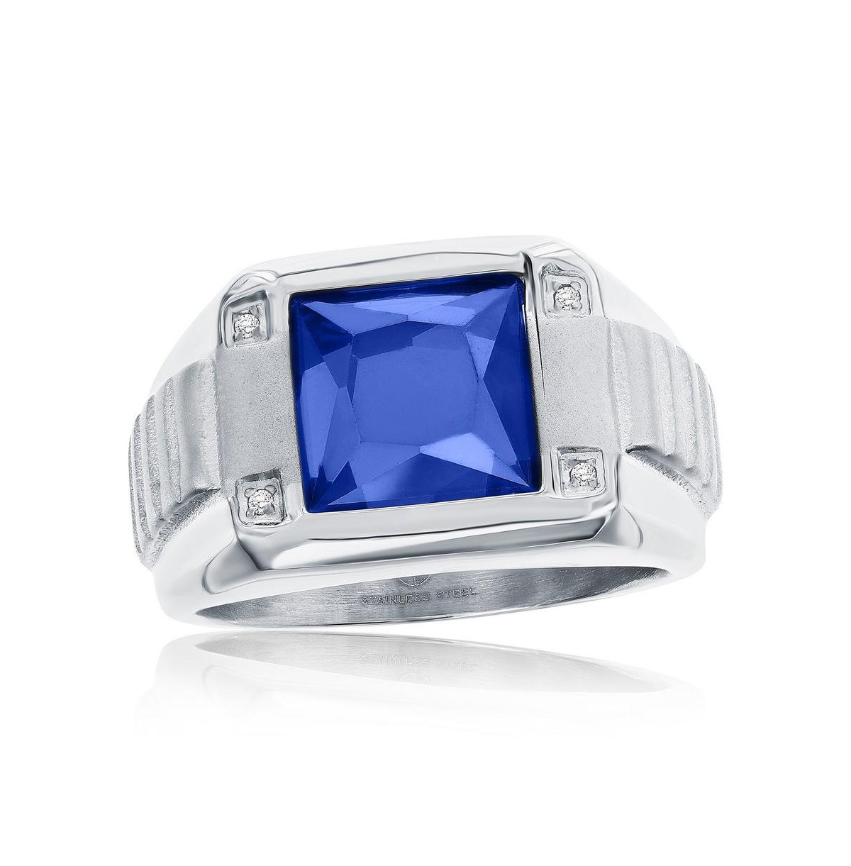 Stainless Steel Genuine Spinel Square Cz Ring - Blue