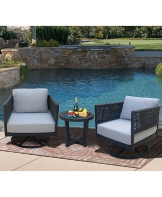 Outdoor 3 Piece Woven Abaca Rope Patio Furniture Set with an End Table and 2 Swivel Chairs