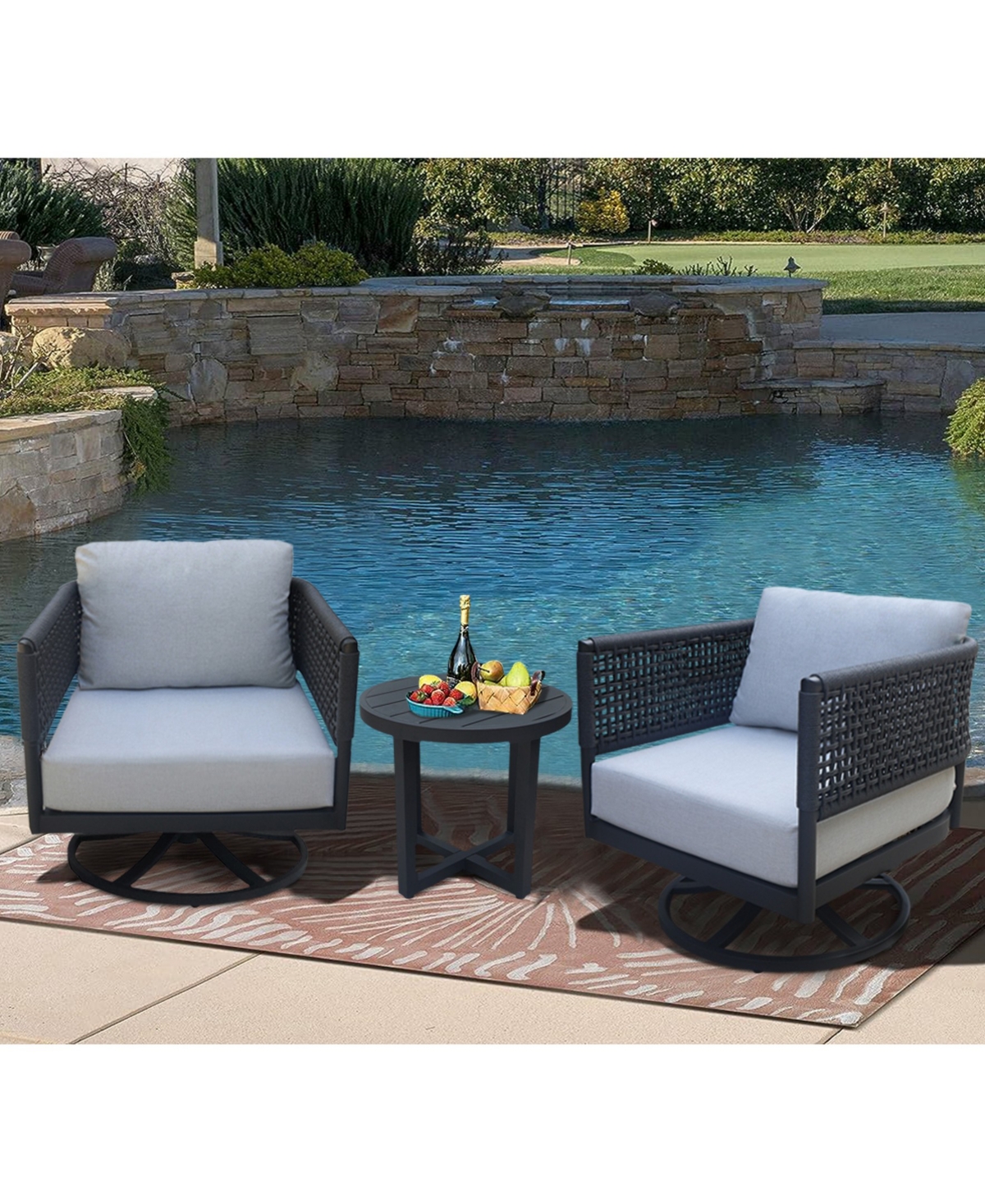 International Concepts Outdoor 3 Piece Woven Abaca Rope Patio Furniture Set with an End Table and 2 Swivel Chairs
