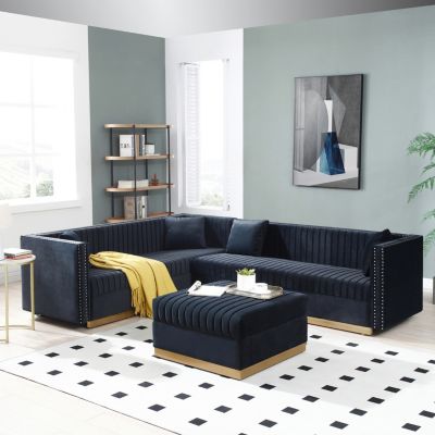 Streamdale Modern Black Velvet Sectional Sofa with Ottoman