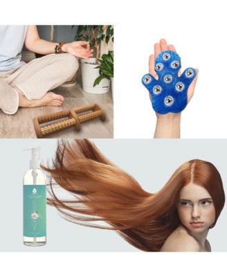 Relaxation Gift Bundle: Palm Shaped Massage Glove, Wooden Foot Massager, and Fractionated Coconut Oil