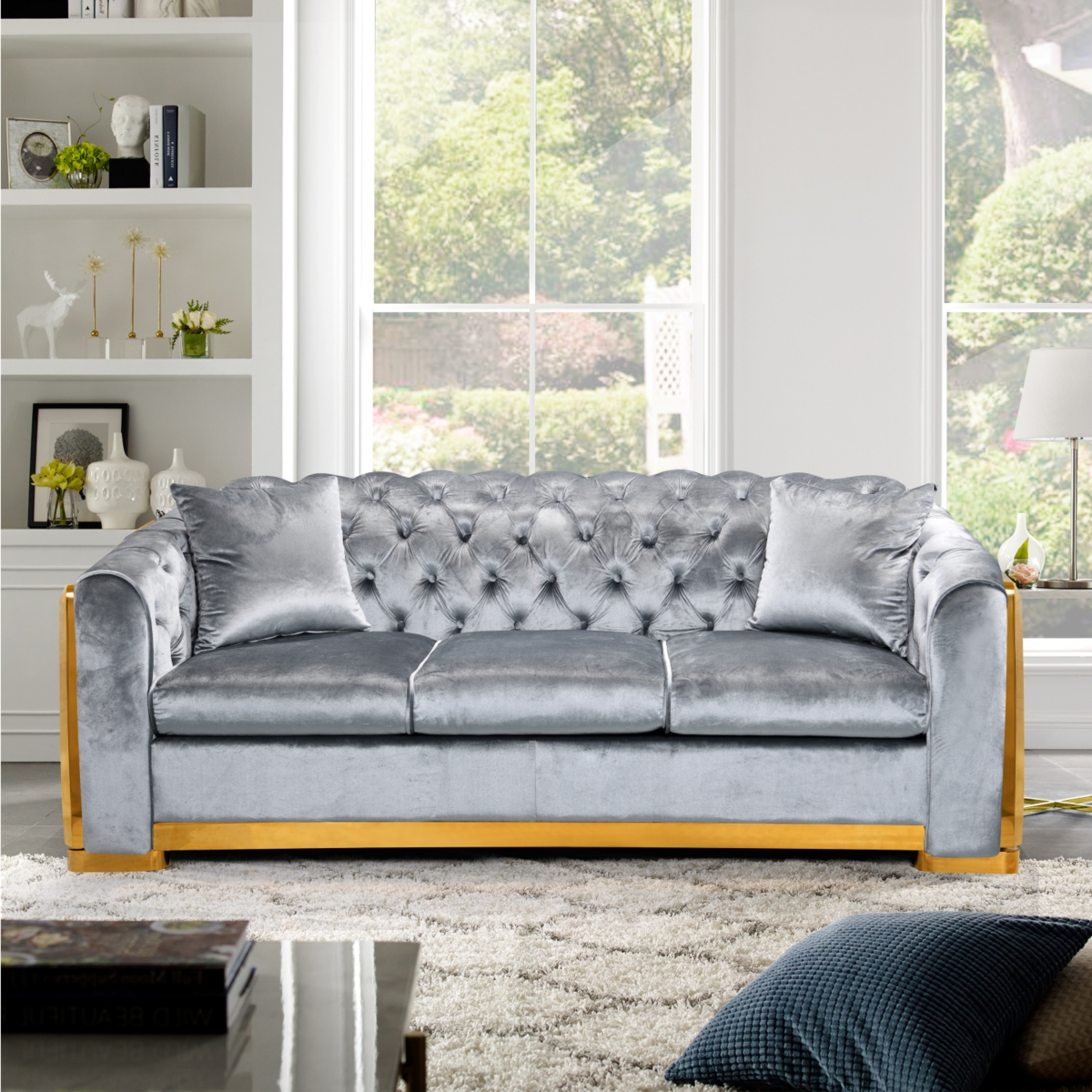 Simplie Fun Velvet Luxury Chesterfield Sofa Set, 84" Grey Fabric