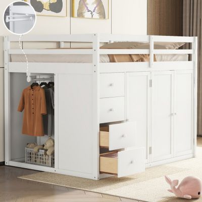 Full Size Wood Loft Bed With Built-In Wardrobes, Cabinets And Drawers