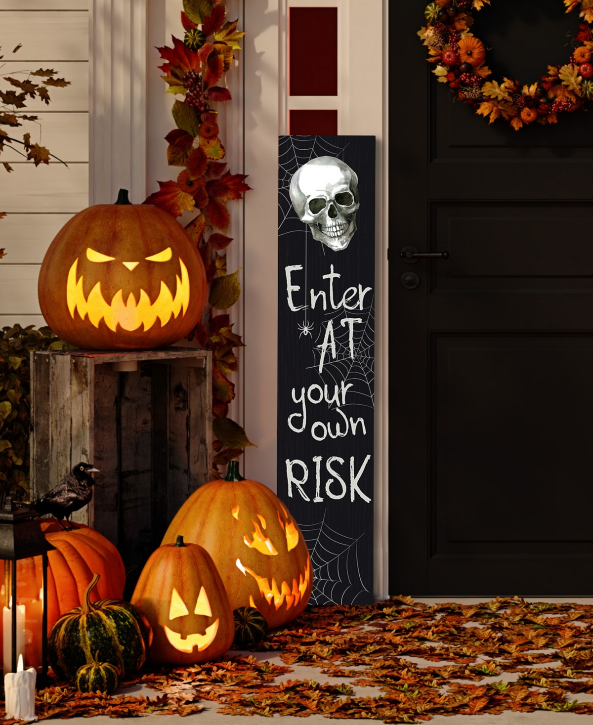 36" Enter at Your Own Risk Wooden Halloween Porch Board Sign Decoration - Black