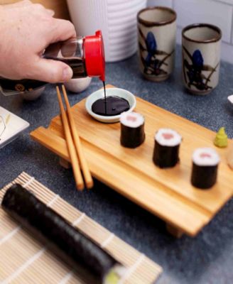 3pc Burnished Real Sushi Board Set. 3pc set includes a real sushi board, ceramic soy sauce dish, pair of chopsticks.