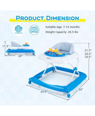 Foldable Baby Walker with 3 Adjustable Heights Comfy Padded Seat Music Tray