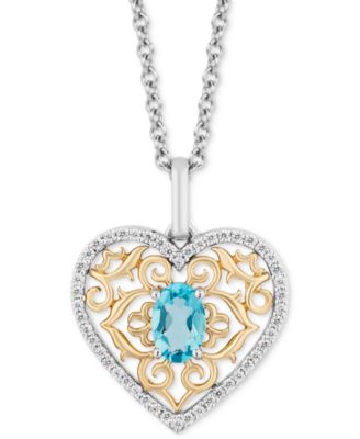 Sterling Silver Filigree Diamond And Swiss Blue Topaz Pendant