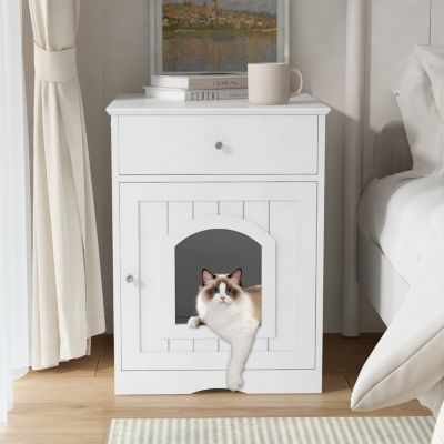 Streamdale Wooden Cat Litter Box Enclosure with Drawer & Side Table