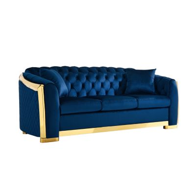 Streamdale Navy Blue Velvet Sofa Set with Gold Stainless Legs