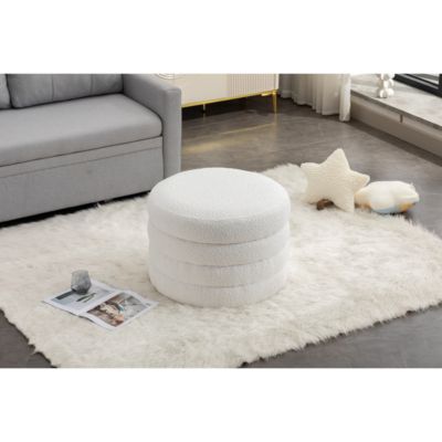 Ivory Boucle Ottoman with Wooden Shelves