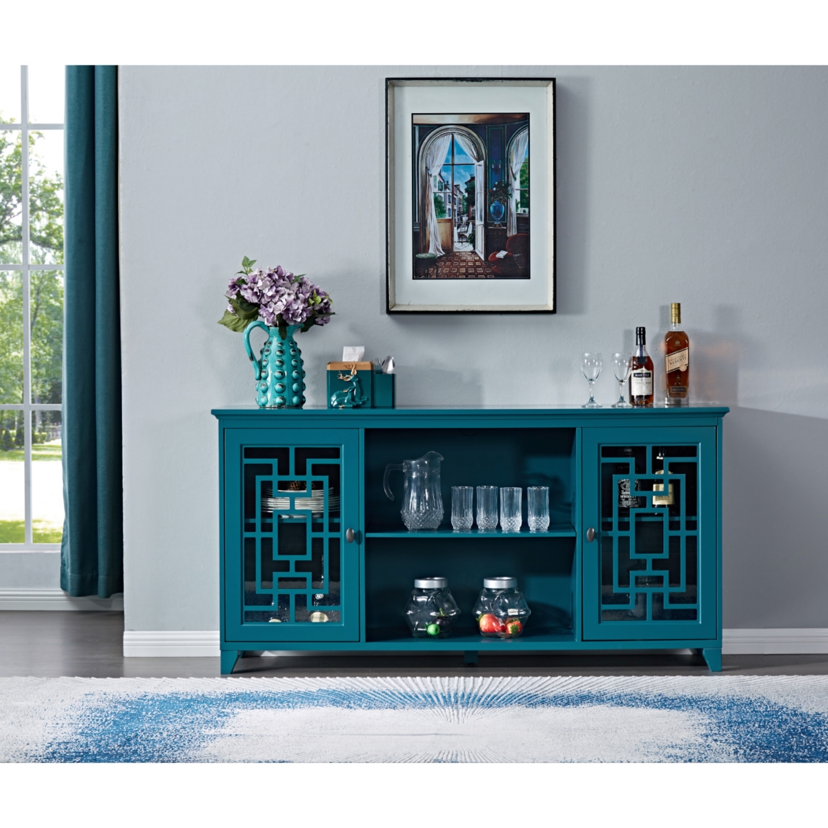 60" Sideboard Buffet Table With 2 Doors, Storage Cabinet With Adjustable Shelves, Teal