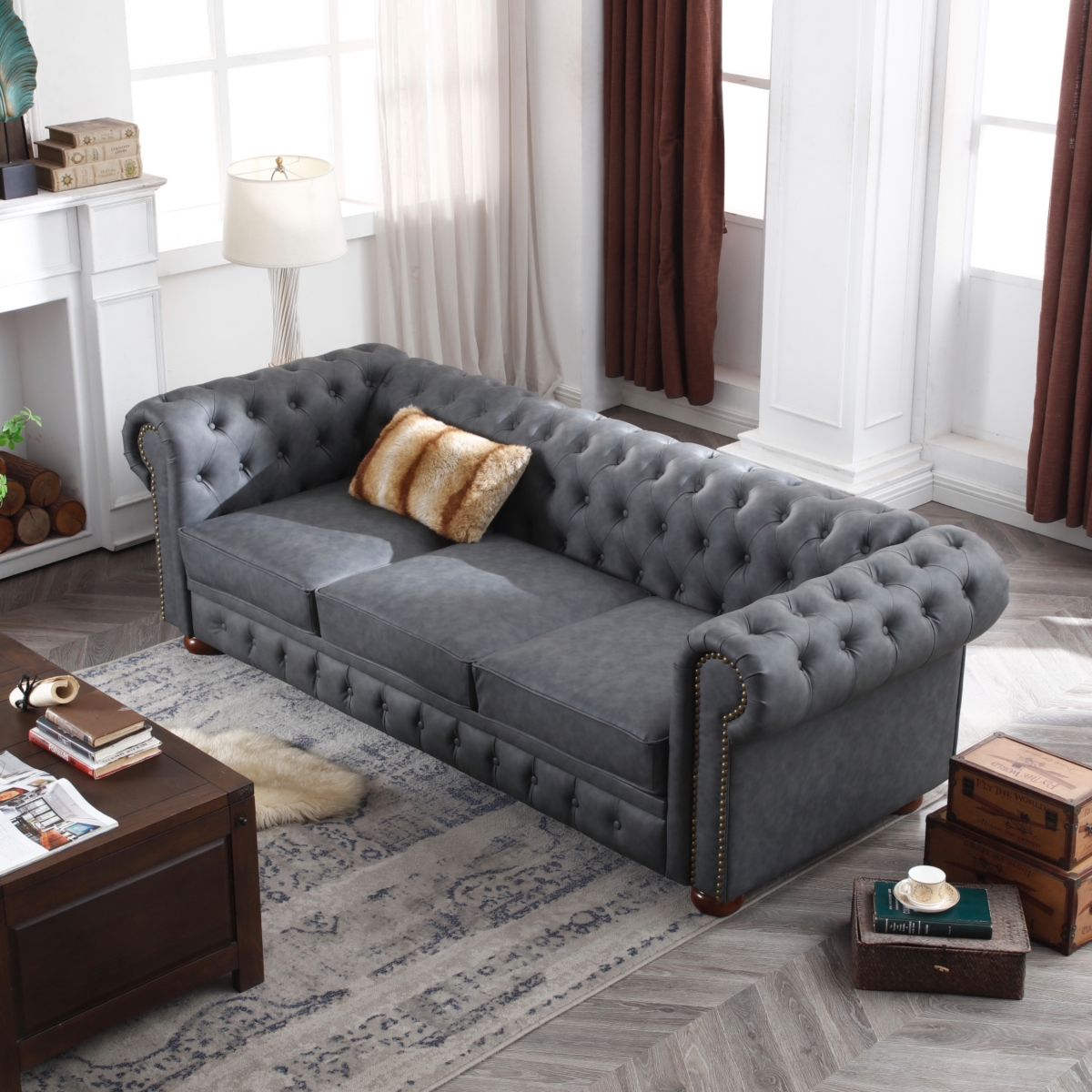 Simplie Fun Classic Chesterfield Sofa Dark Grey Faux Leather