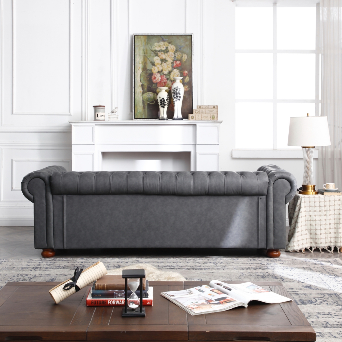 Simplie Fun Classic Chesterfield Sofa Dark Grey Faux Leather