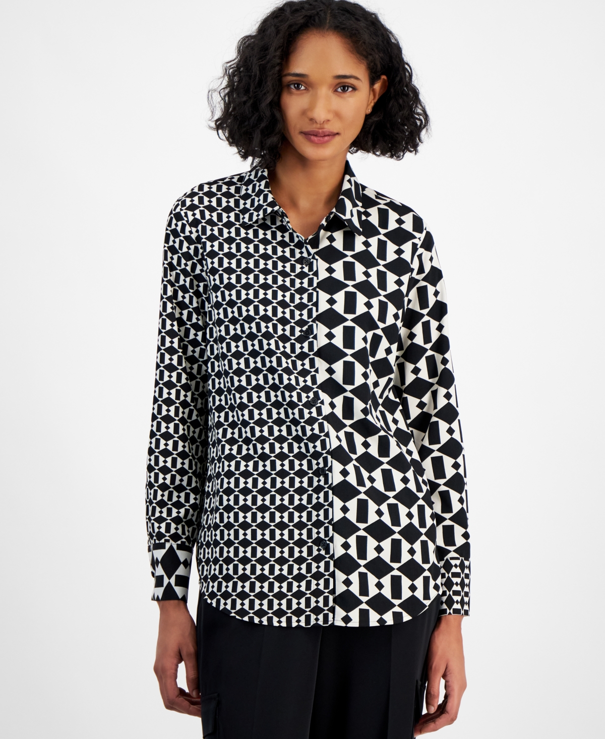Bar Iii Women's Printed Colorblocked Button-up Shirt, Created For Macy's In Black,bar White