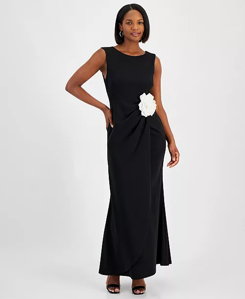 women's round-neck rose-trim scuba-crepe dress