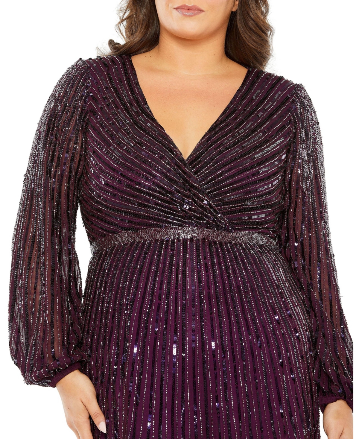 Mac Duggal Women's Plus Size Beaded Faux Wrap Puff Sleeve Ruffle Tiered Gown
