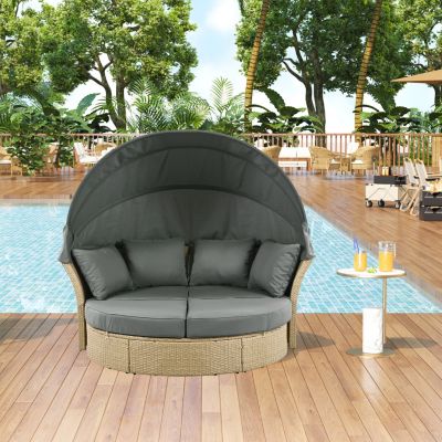 Streamdale Wicker Rattan Round Daybed with Canopy & Pillows