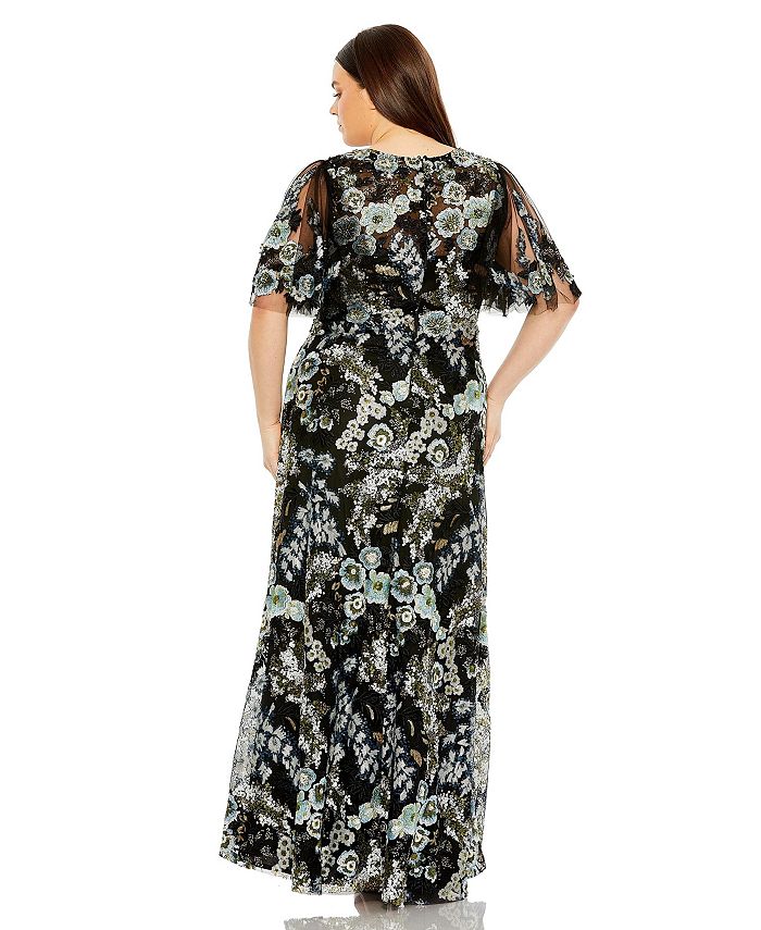 Mac Duggal Women's Plus Size Sheer Sleeve V Neck Floral Embroidered ...