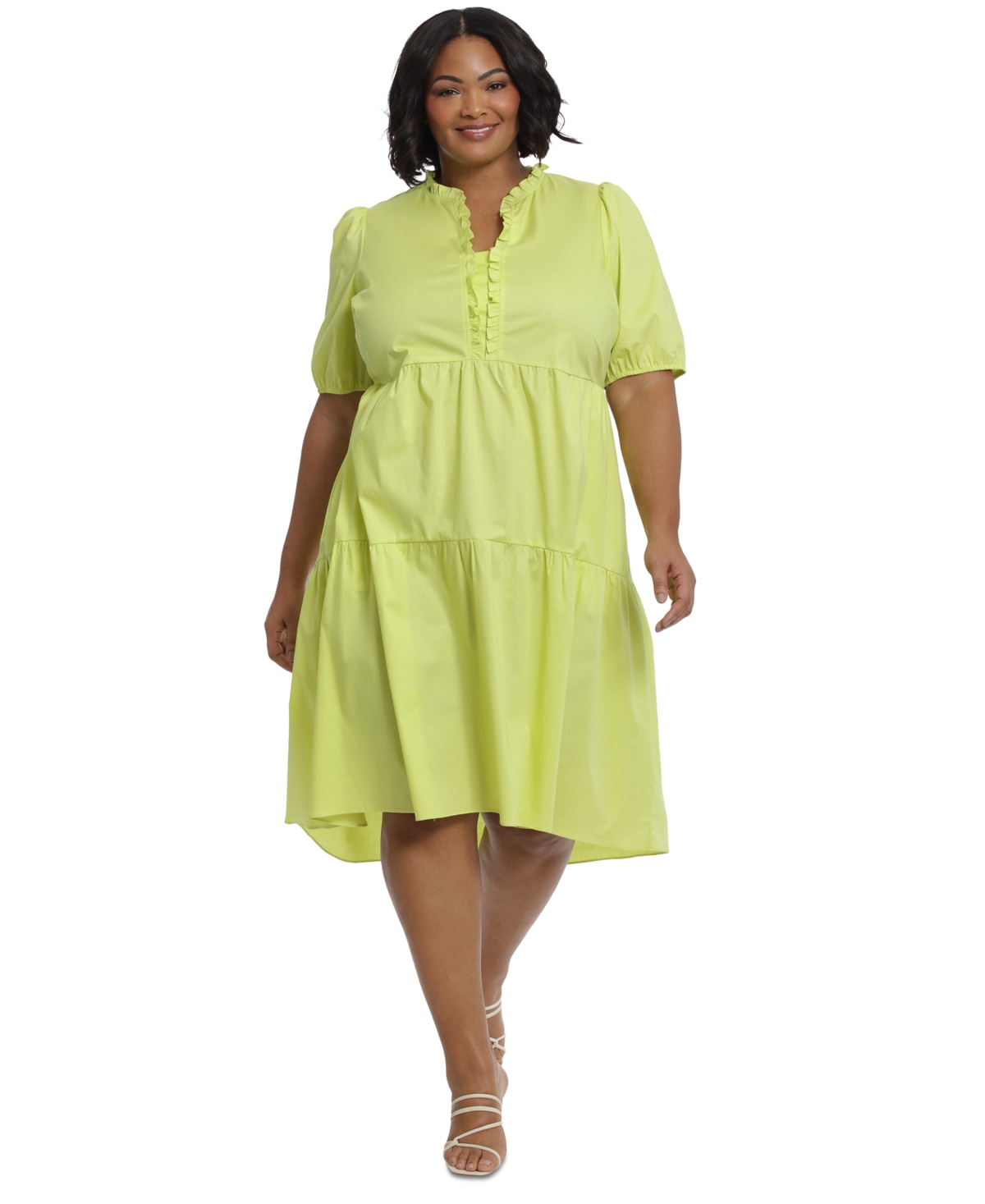 London Times Plus Size Ruffle Neck High Low A-Line Dress